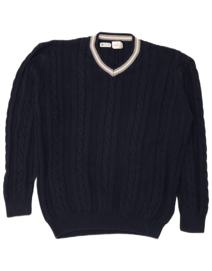 VINTAGE Hombres V-Cuello Jumper Suéter Grande Azul Marino Algodón