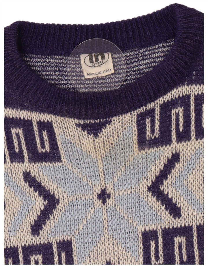 Vintage hombres cuello redondo jersey suéter medio azul marino geométrico