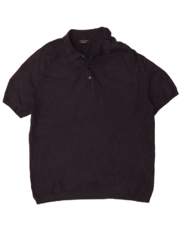 Zara Mens Manga Corta Polo Cuello Jersey Suéter Grande Azul Marino