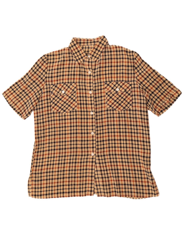Vintage mujer camisa de manga corta Reino Unido 18 XL marrón Houndstooth seda