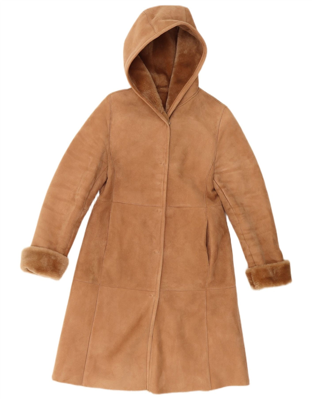 Vintage mujer con capucha shearling abrigo Reino Unido 10 pequeño beige