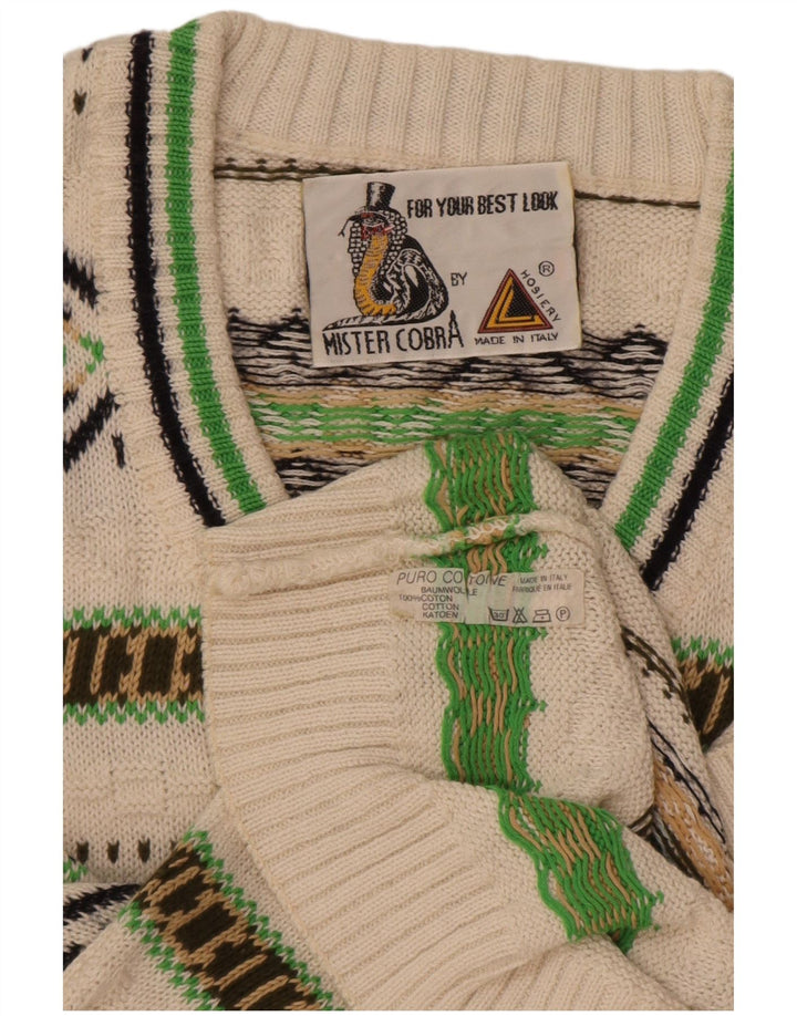 Vintage hombres V-cuello jumper suéter medio blanco algodón geométrico