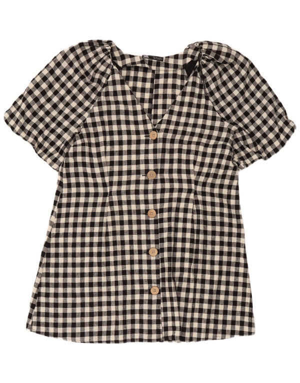 Zara Vestido Camisero De Manga Corta Para Mujer UK 46 Large Black Gingham Linen