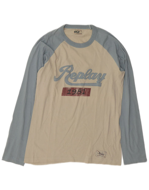 Replay Top gráfico de manga larga de algodón color block en blanco roto medio para hombre