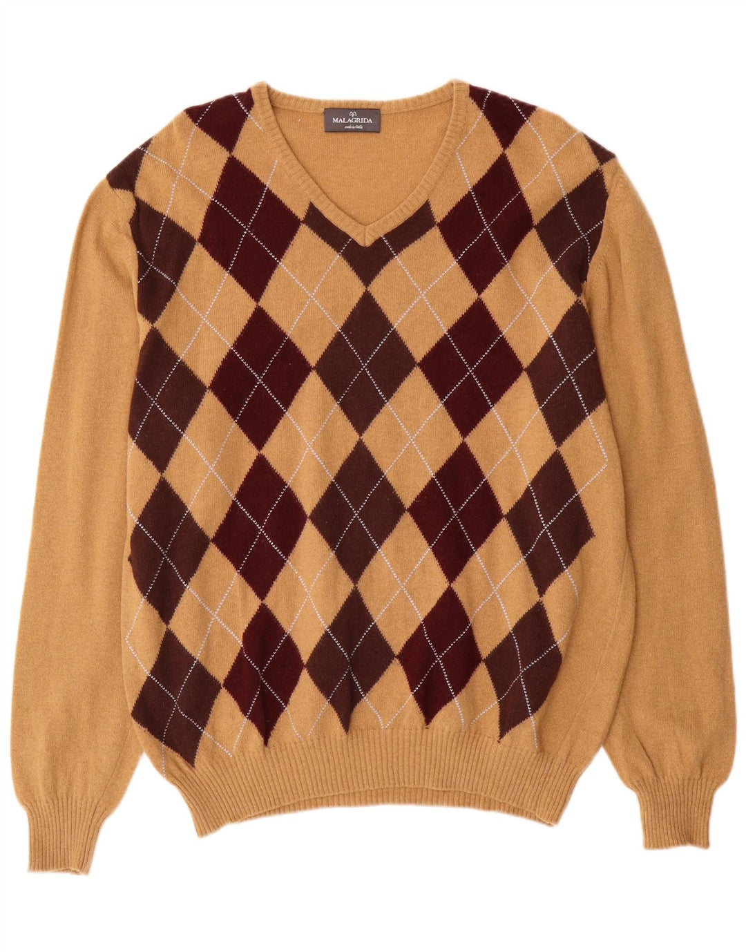 Malagrida Jersey con Cuello en V para Hombre XL Beige Argyle/Lana Diamante