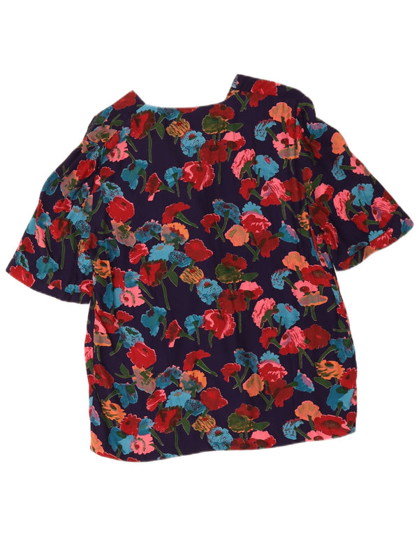 Vintage mujer camisa de manga corta blusa Reino Unido 16 grande azul marino floral