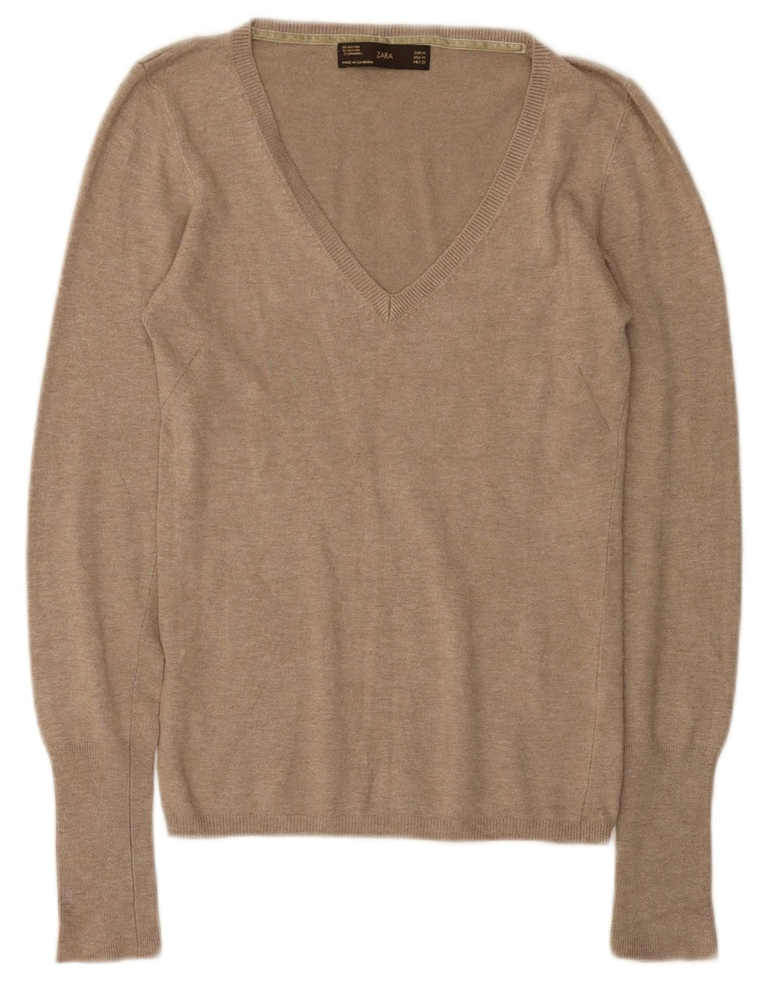Zara - Jersey con cuello en V para mujer, talla 42, rayón beige medio