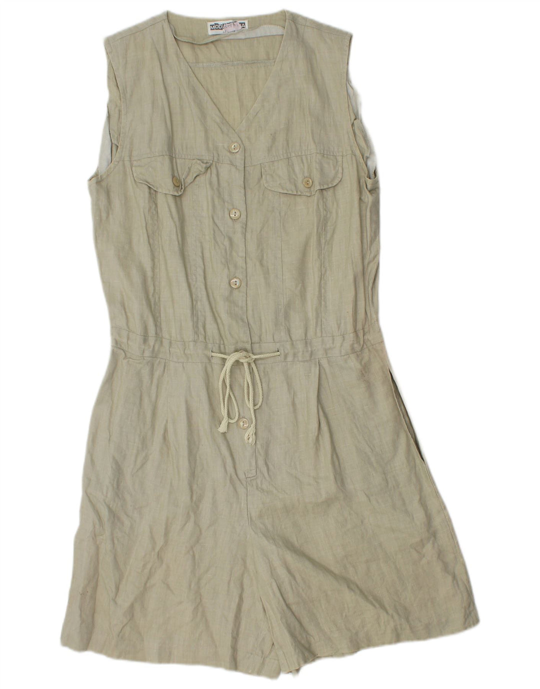 Vintage mujer sin mangas Playsuit Reino Unido 12 lino caqui medio