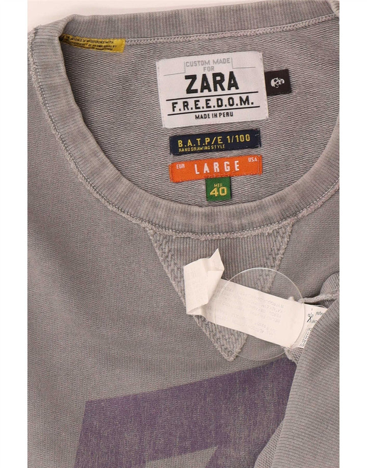 Zara Hombre Sudadera Gráfica Jumper Large Gris Algodón