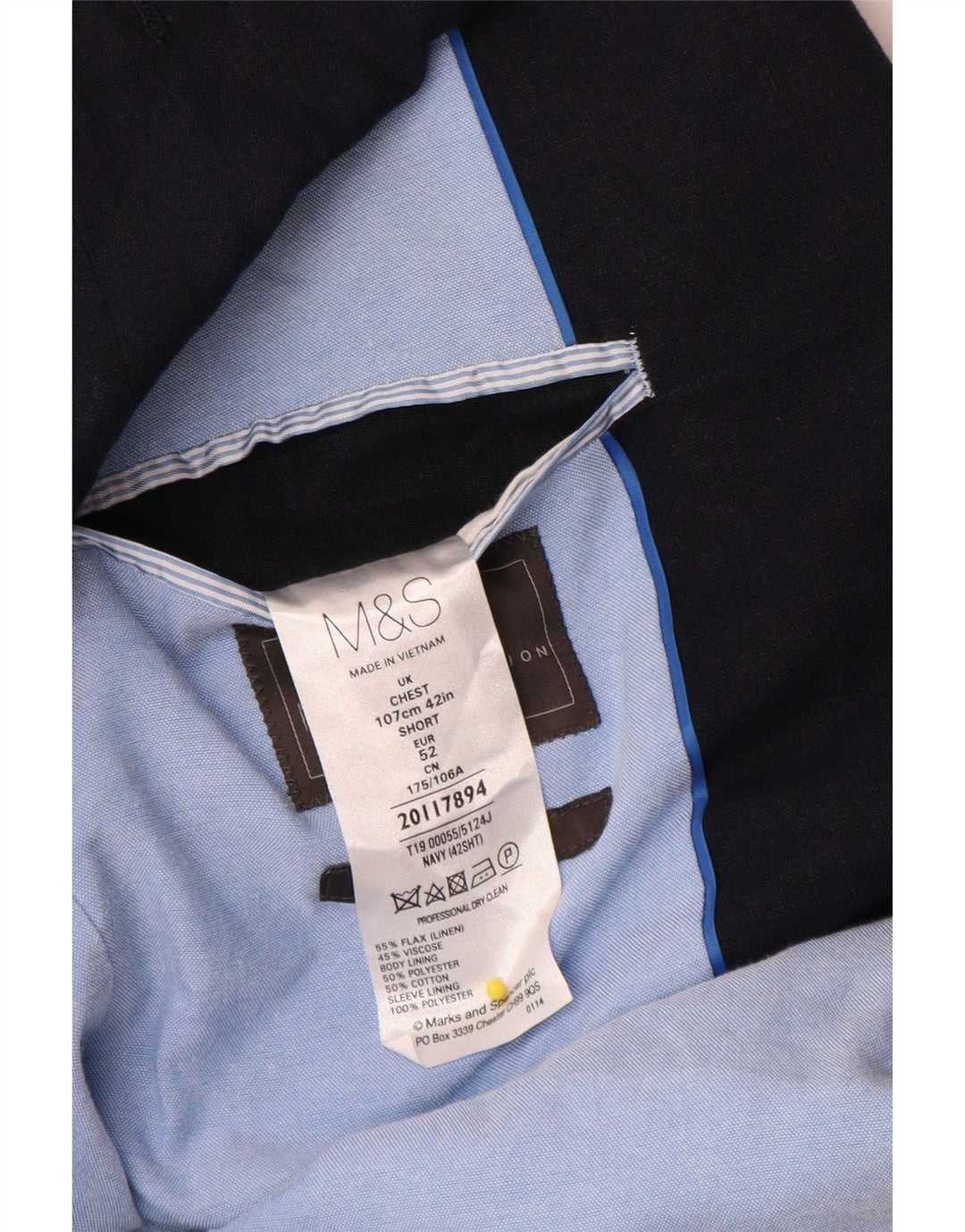 Marks & Spencer Chaqueta tipo blazer con 2 botones para hombre, talla 42, talla grande, lino azul marino