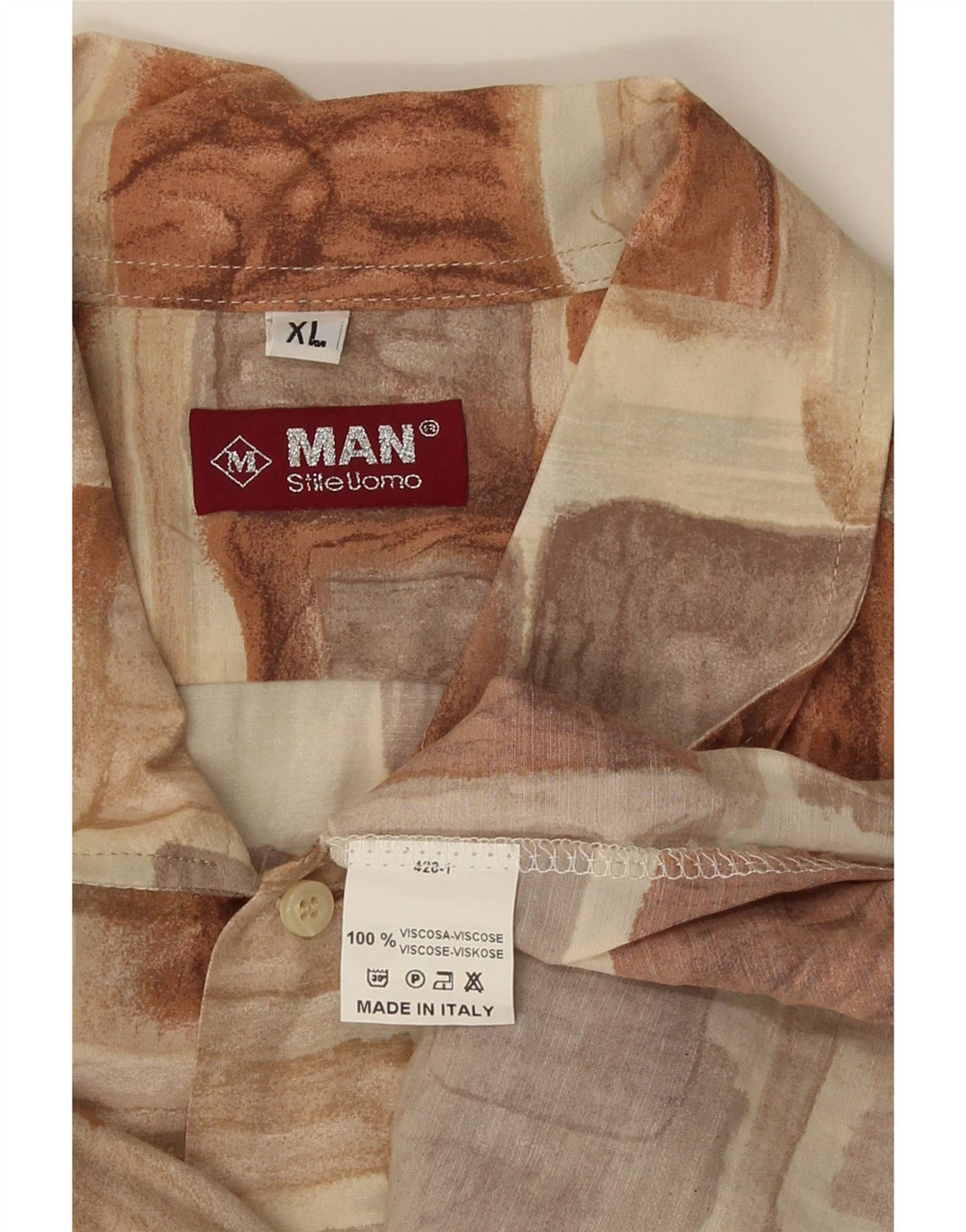 Camisa Vintage Hombre Manga Corta XL Marrón Patchwork Viscosa