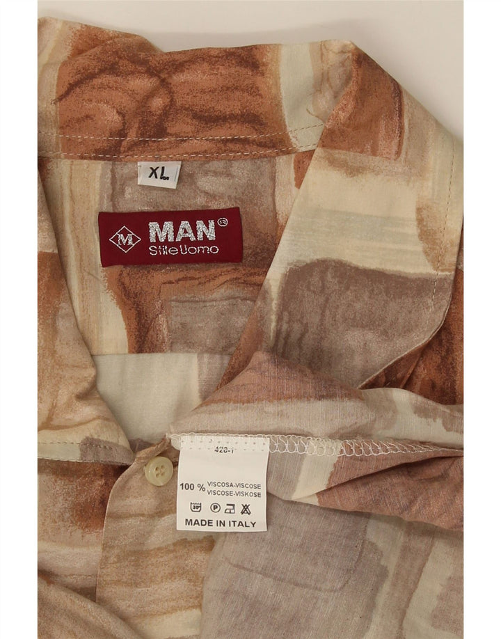 Camisa Vintage Hombre Manga Corta XL Marrón Patchwork Viscosa