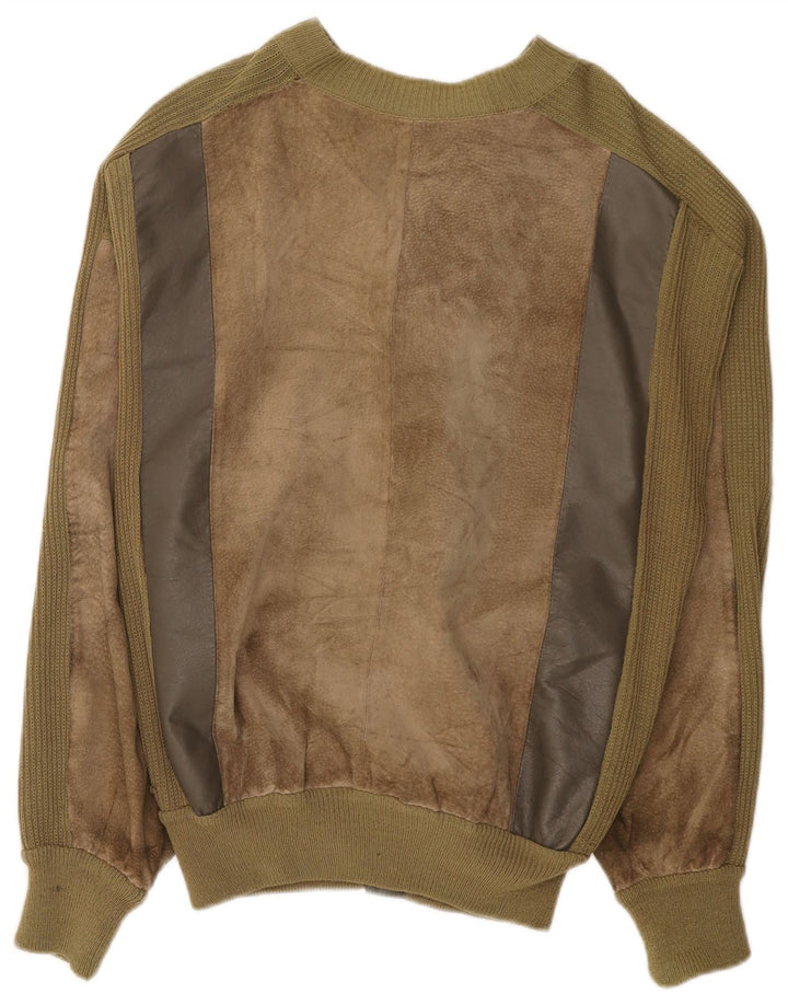 Vintage hombres ante bomber chaqueta Reino Unido 38 medio caqui colorblock cuero