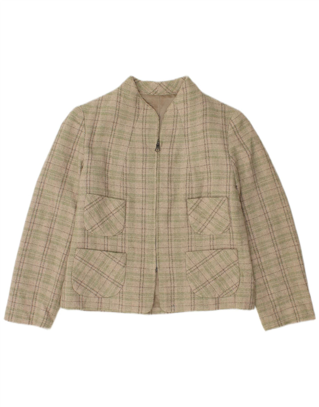 VINTAGE Womens Bomber Jacket UK 12 Medium Beige Check
