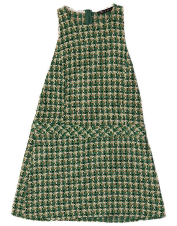 Zara Mujer Vestido Acampanado Sin Mangas UK 46 Grande Pata De Gallo Verde