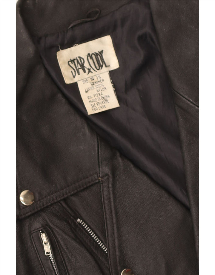 Vintage mujer crop cuero biker chaqueta Reino Unido 10 pequeño cuero negro