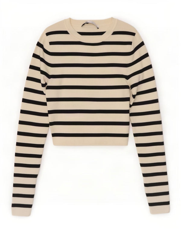 Zara Mujer Blusa Corta Top UK 8 Small Off White Rayas Viscosa