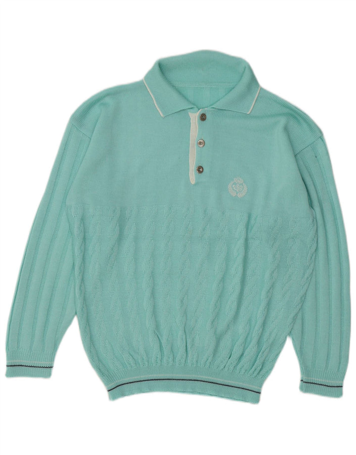 Vintage hombres polo cuello jersey suéter medio turquesa