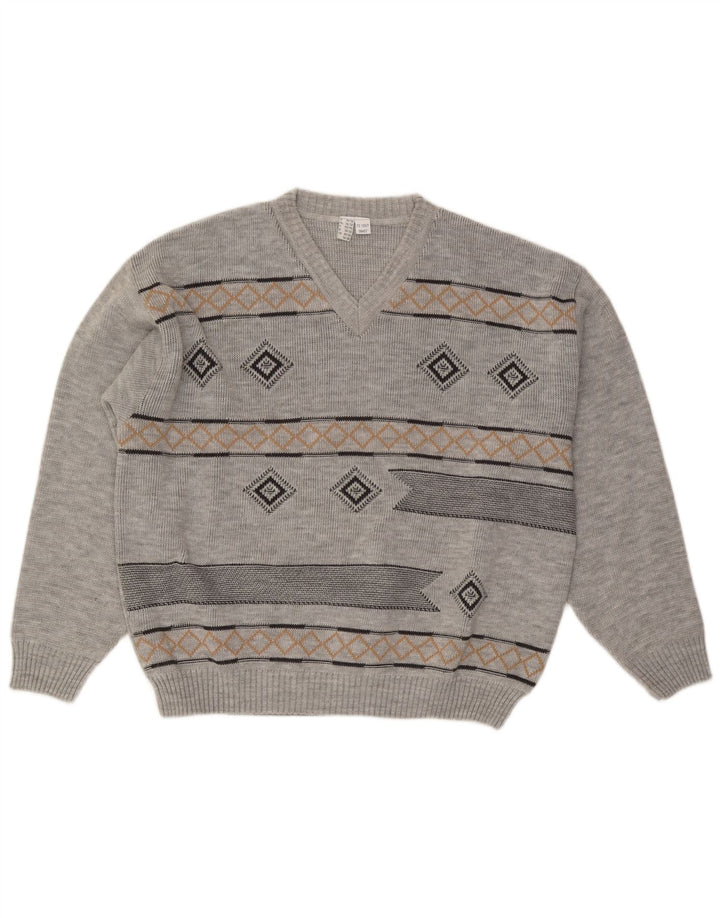 VINTAGE Suéter jersey con cuello en V para hombre Reino Unido 46/48 2XL Gris Argyle/Diamante