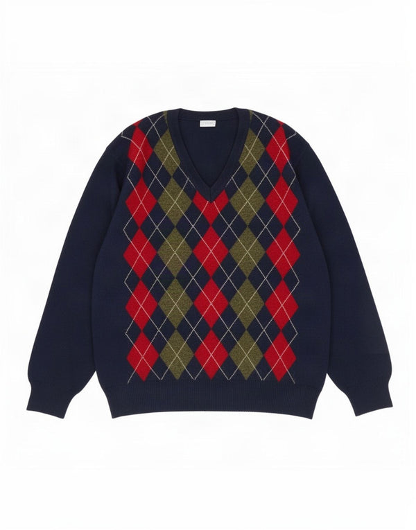 Vintage hombres V-cuello jumper suéter XL azul marino Argyle/lana de diamante