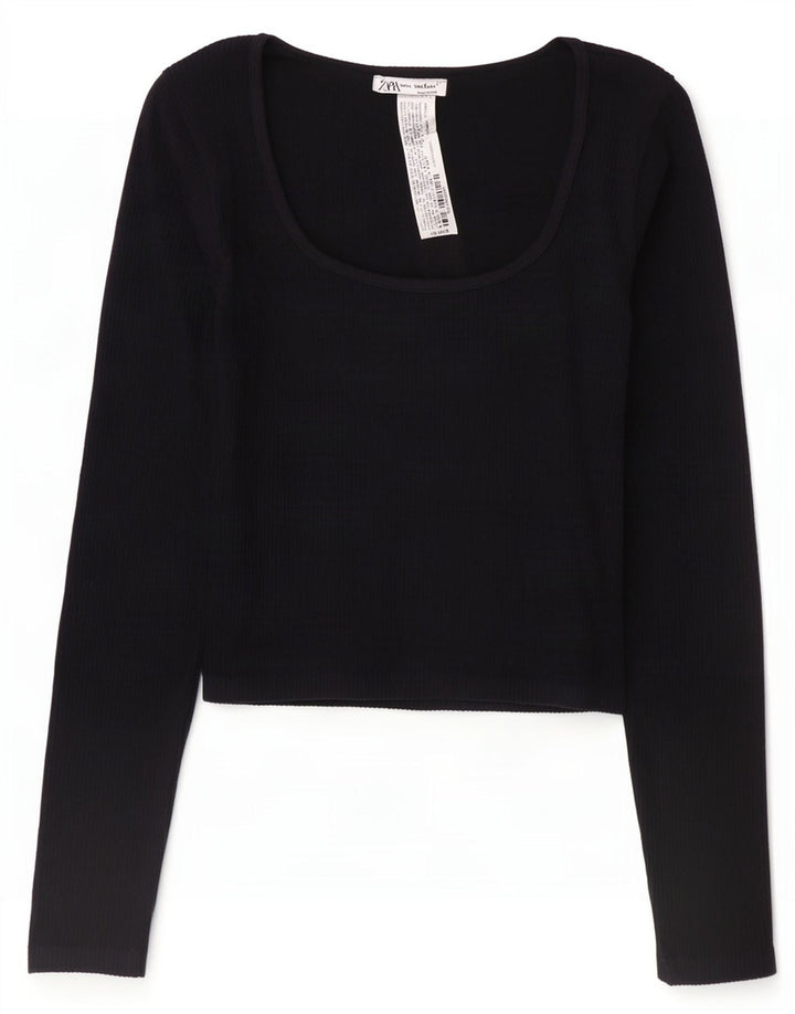 Zara Mujer Crop Top Manga Larga UK 42 Mediano Negro Poliamida