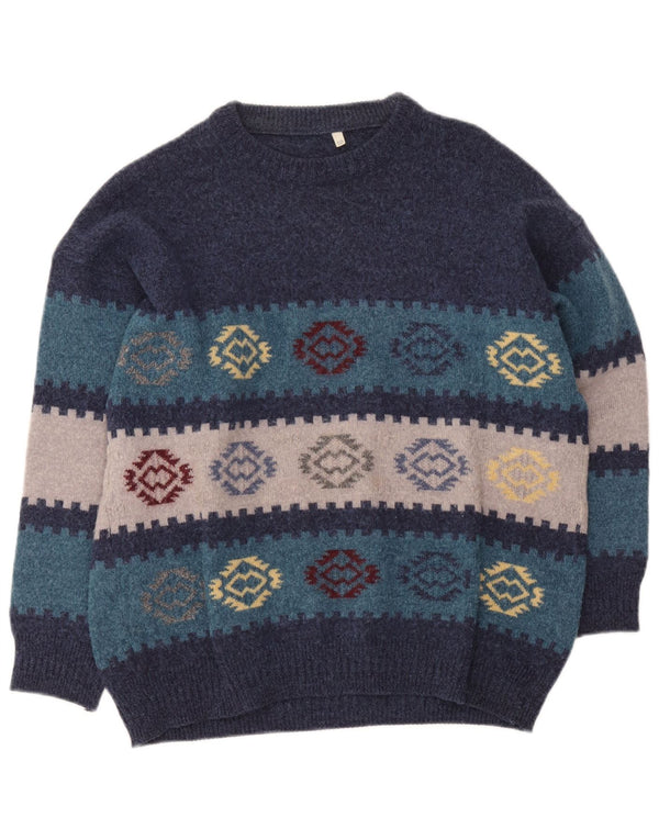 Vintage hombres cuello redondo jersey suéter IT 50 medio azul marino geométrico
