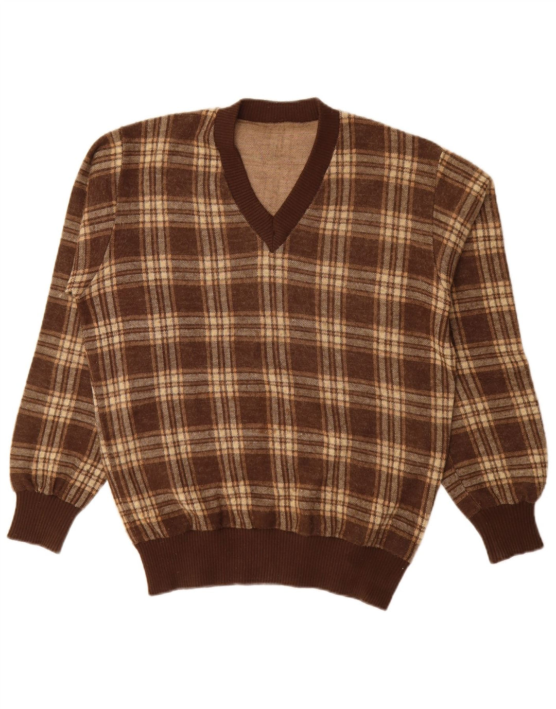 Vintage hombres V-cuello jumper suéter grande marrón comprobar acrílico