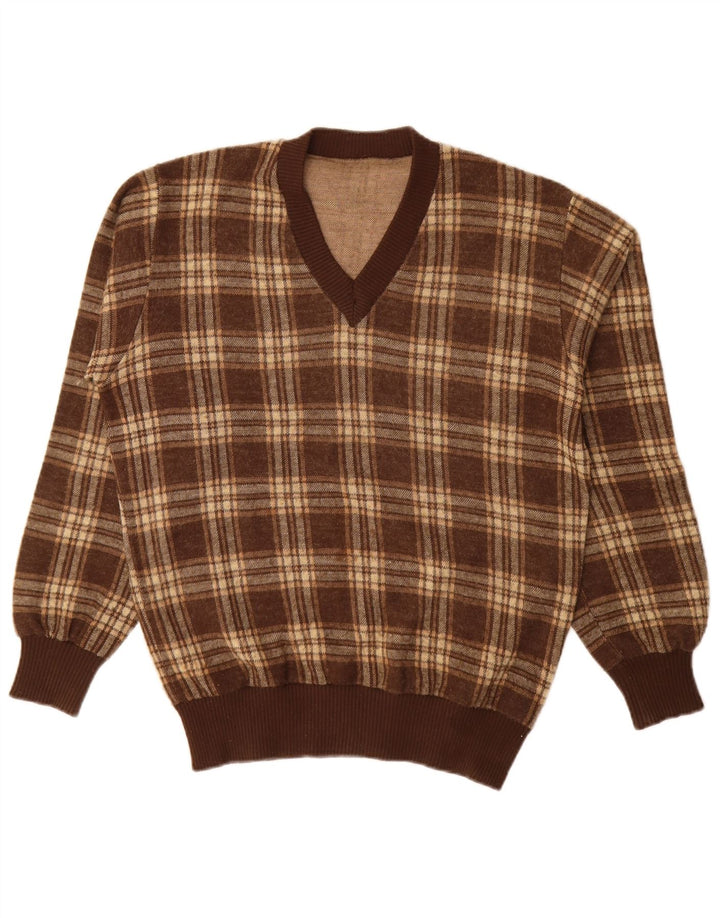 Vintage hombres V-cuello jumper suéter grande marrón comprobar acrílico