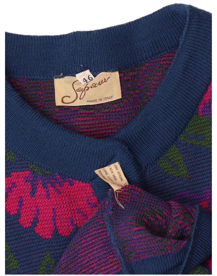 VINTAGE Conjunto de 3 piezas para mujer IT 46 Grande W26 Lana virgen floral azul marino