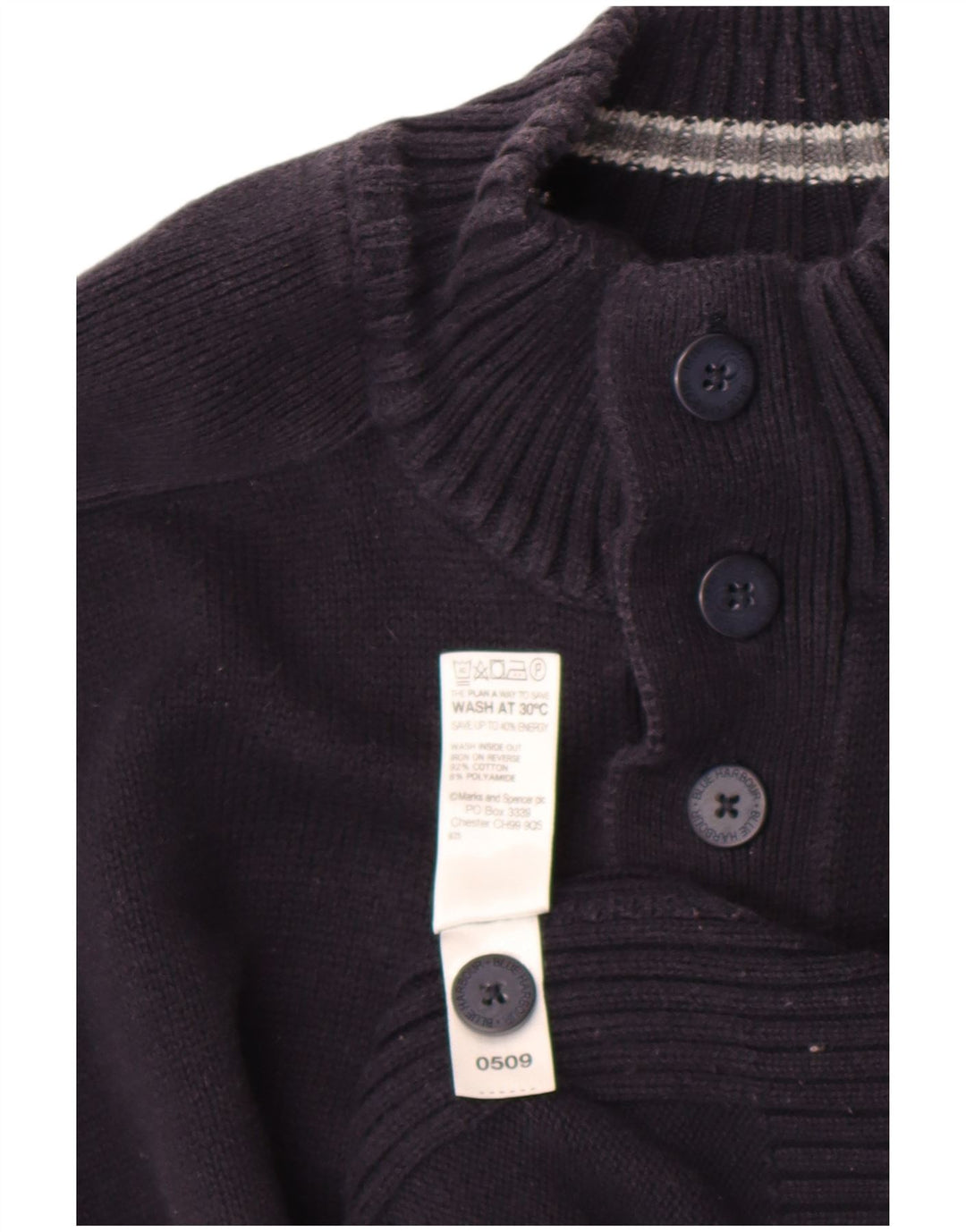 Marks & Spencer Suéter tipo jersey con cuello y botones para hombre, talla grande, azul marino