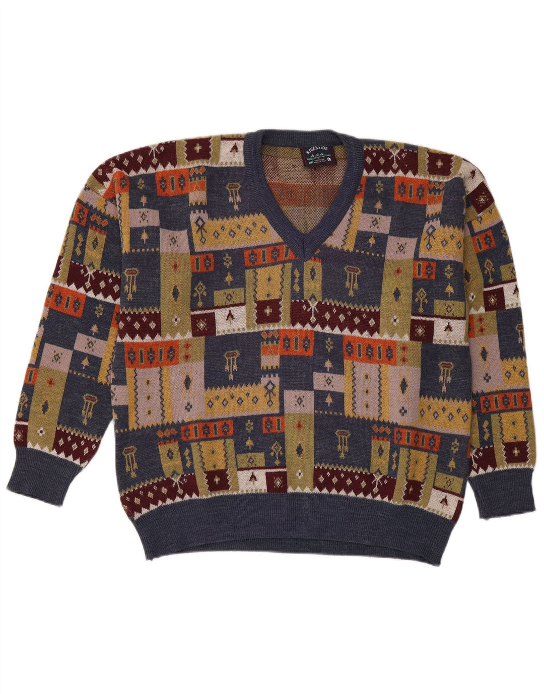 Vintage hombres V-cuello jumper suéter grande multicolor patchwork