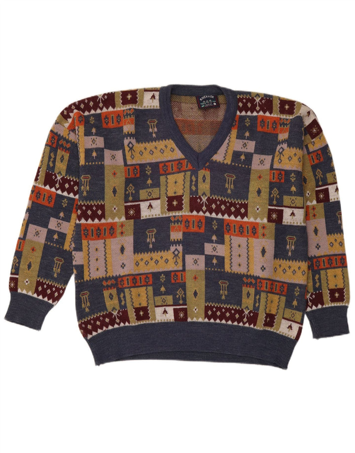 Vintage hombres V-cuello jumper suéter grande multicolor patchwork