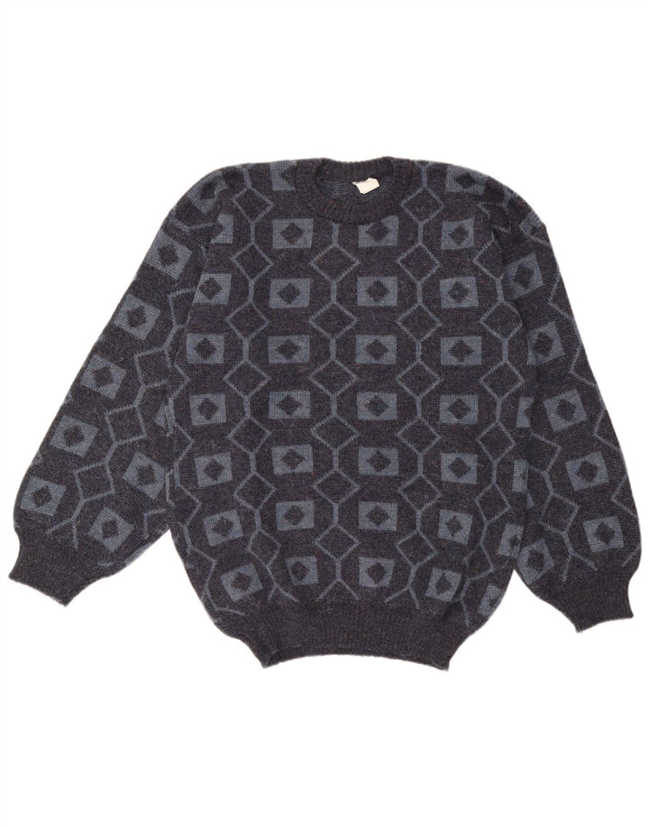 Vintage hombres cuello redondo jersey suéter medio gris geométrico acrílico