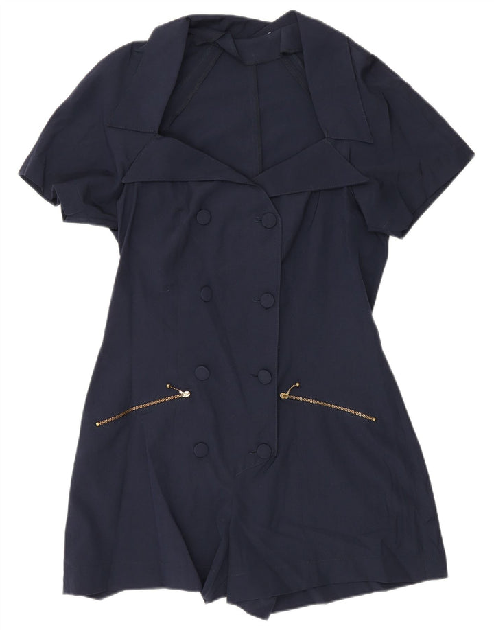 Vintage mujer manga corta Playsuit Reino Unido 12 poliéster azul marino medio