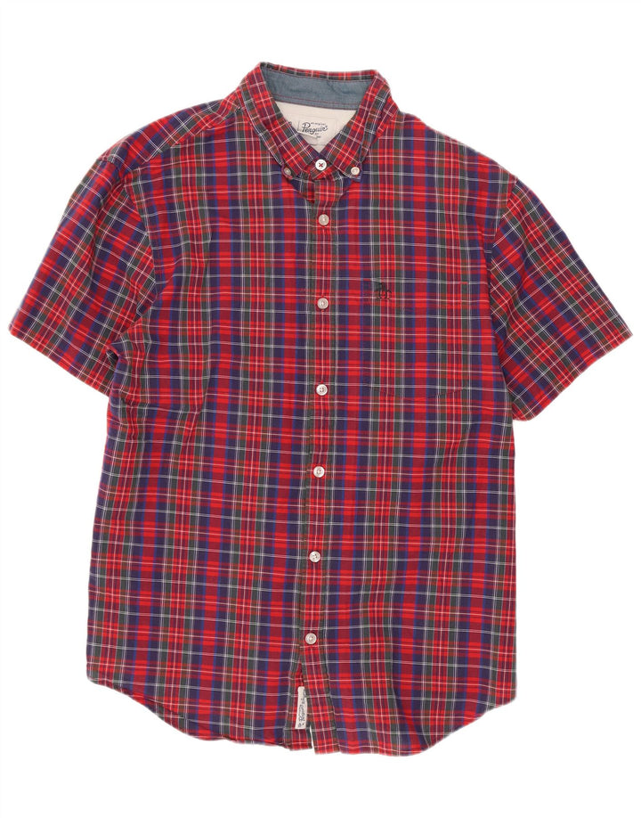 Camisa Penguin Hombre Manga Corta Algodón Cuadros Rojo Mediano