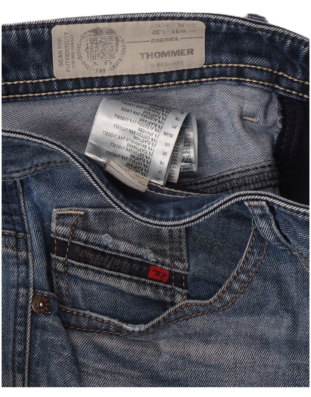 Diesel Hombre Thommer Vaqueros Ajustados Desgastados W31 L32 Algodón Azul