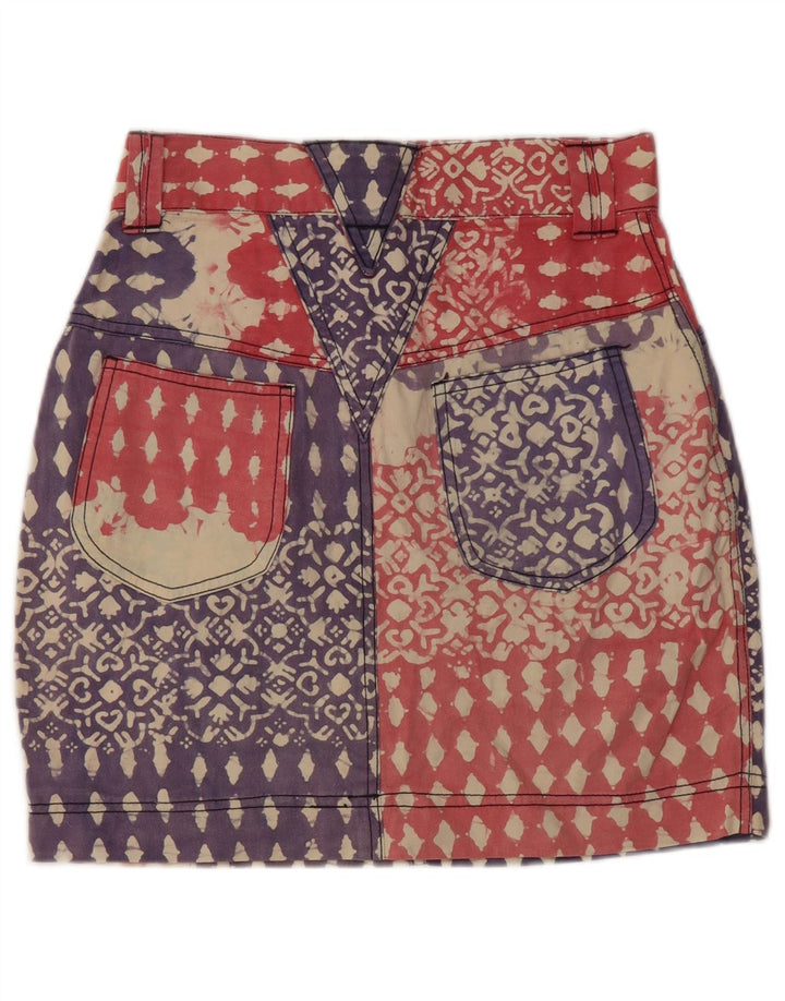 Vintage mujeres patrón abstracto denim lápiz falda grande W28 algodón azul