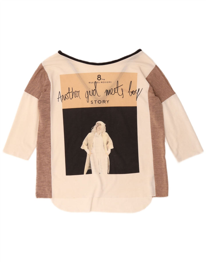 Zara Top gráfico extragrande con manga 3/4 para mujer UK 10 Small White