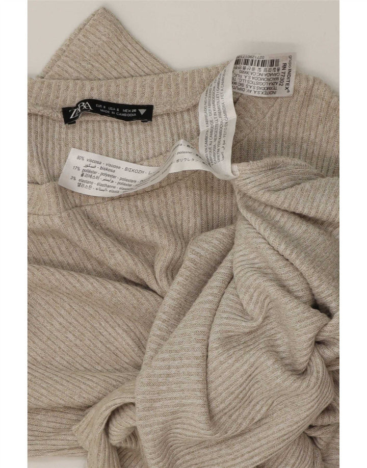 Zara Mujer Top Con Lazo Frontal Manga Larga UK 10 Small Viscosa Beige