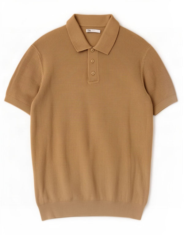Zara Hombre Jersey De Manga Corta Con Cuello Polo De Algodón Caqui Medio