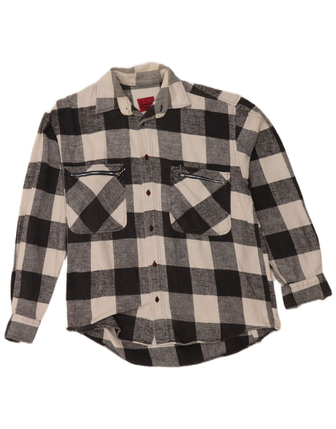 Vintage hombres franela camisa mediana negro Gingham algodón