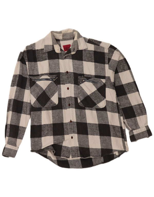 Vintage hombres franela camisa mediana negro Gingham algodón