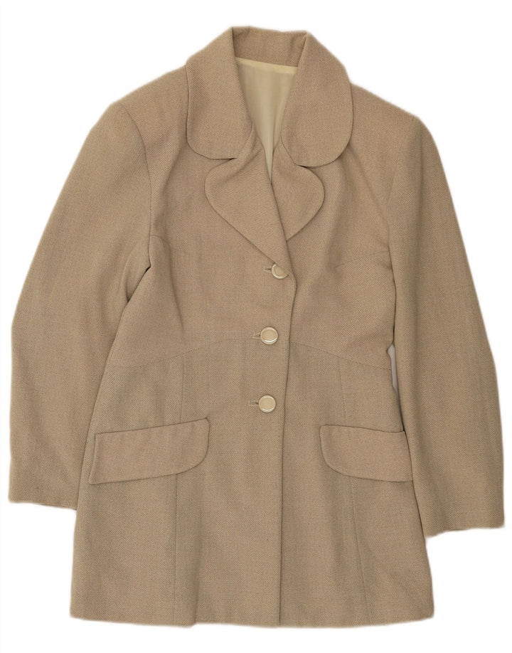 Vintage mujer 3 botón 3/4 manga Blazer chaqueta Reino Unido 12 beige medio