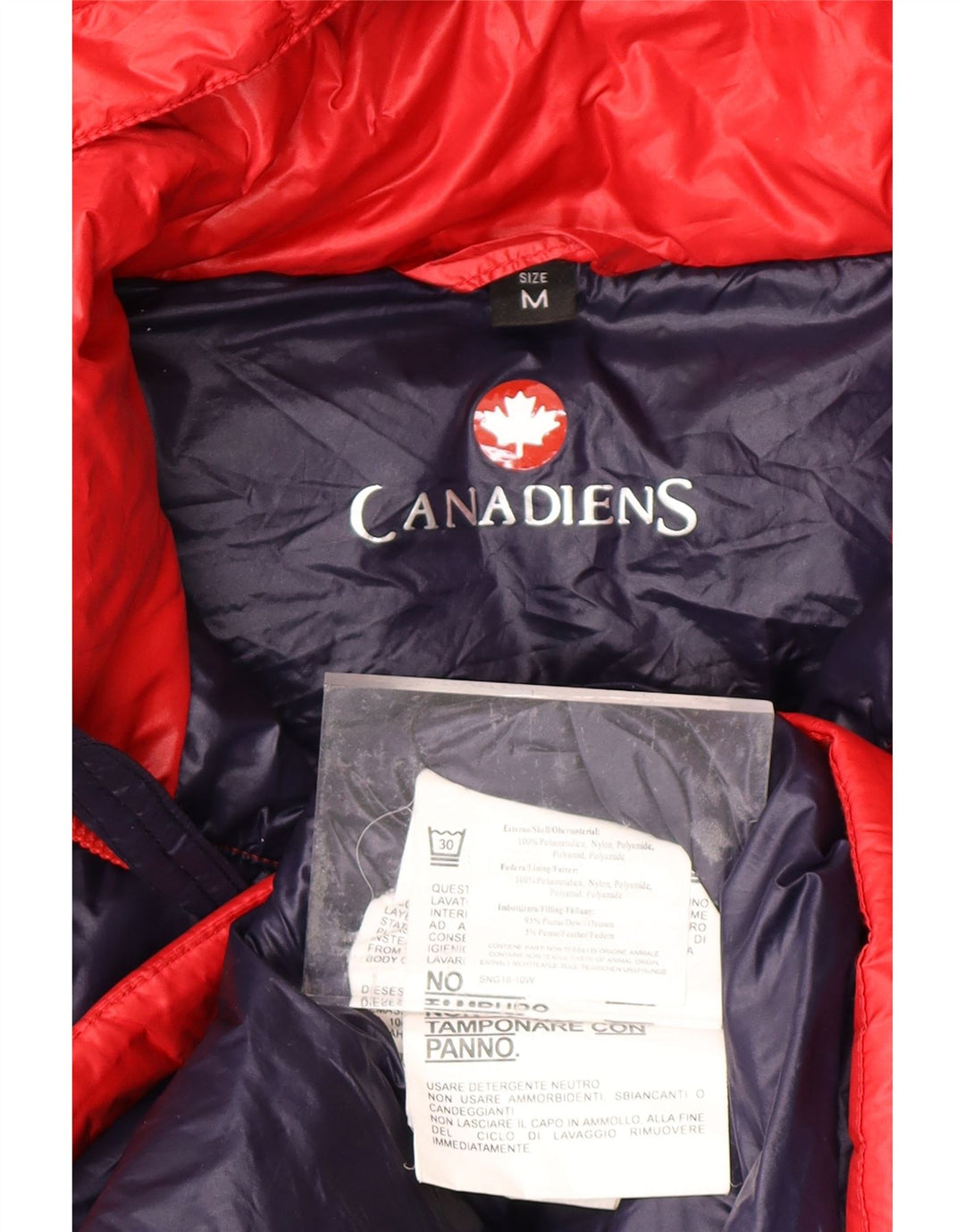 CANADIENS Chaqueta acolchada con capucha para mujer UK 14 Medium Red Colourblock