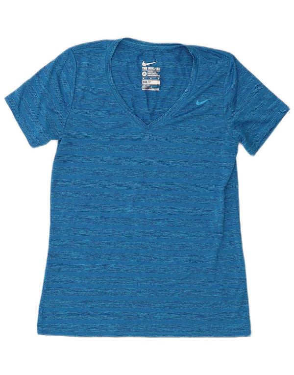 Nike Mujer Dri Fit Camiseta Top UK 12 Medio Azul Rayas Poliéster