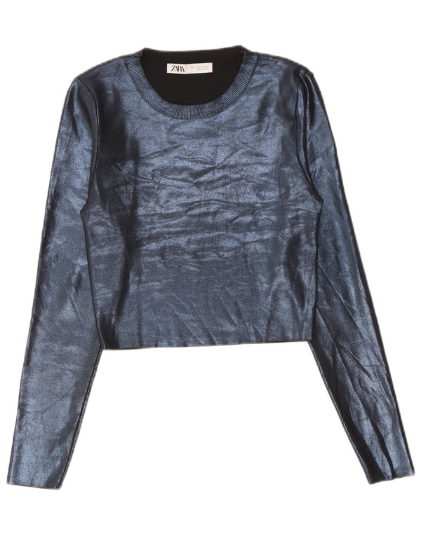 Zara Mujer Crop Top Manga Larga UK 44 Grande Azul