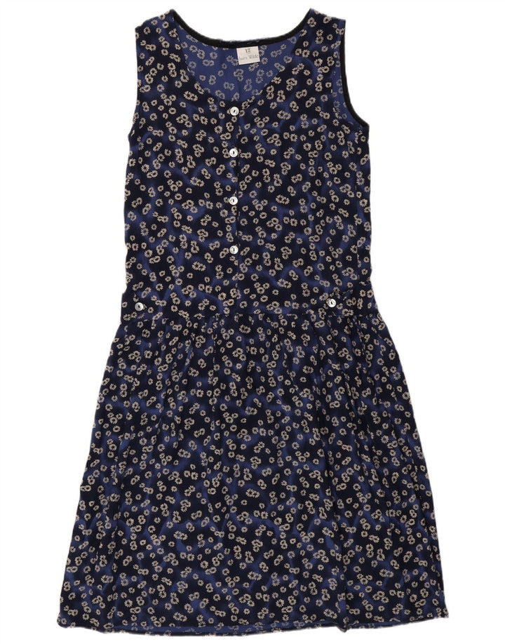 VINTAGE Vestido básico sin mangas para mujer Reino Unido 12 Viscosa floral azul medio