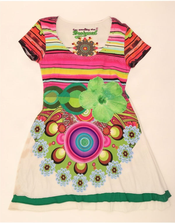 Desigual Vestido Gráfico A-Line para Mujer UK 20 2XL Algodón Floral Blanco
