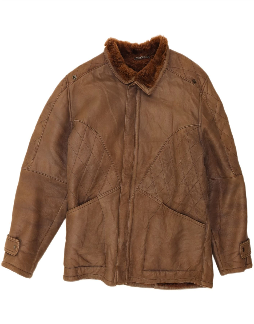 Chaqueta de piel de oveja vintage para hombre IT 50 piel de oveja marrón grande