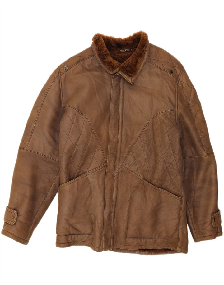 Chaqueta de piel de oveja vintage para hombre IT 50 piel de oveja marrón grande